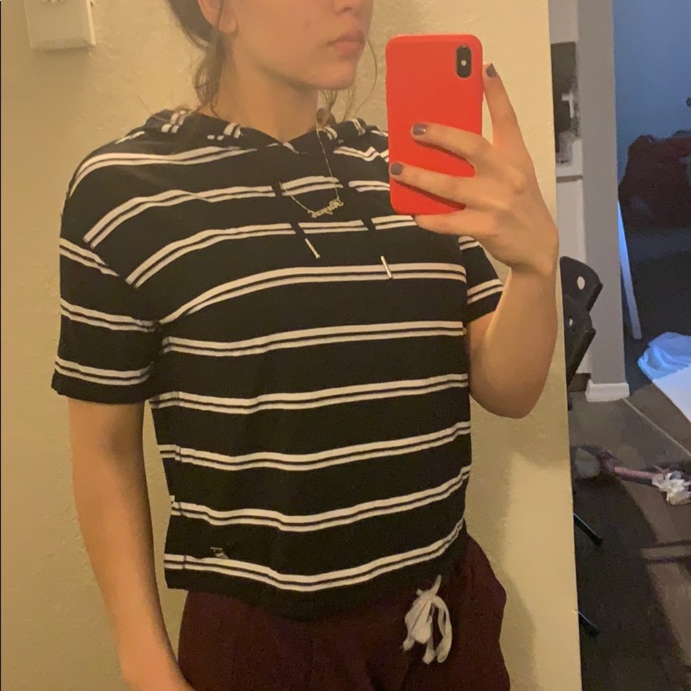 B&W striped Calvin Klein quarter hooded t-shirt